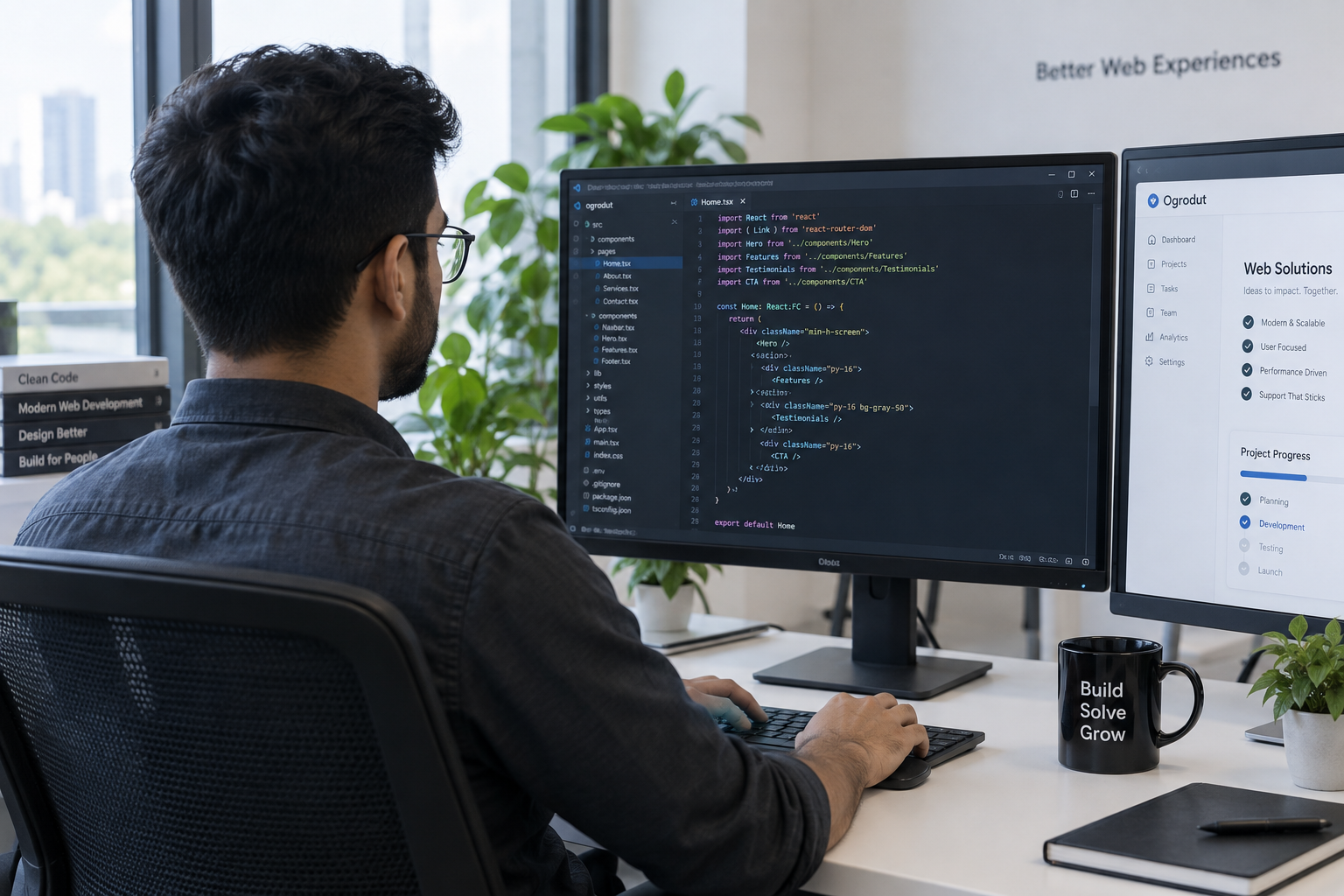 Developer working with code on two monitors in a bright office