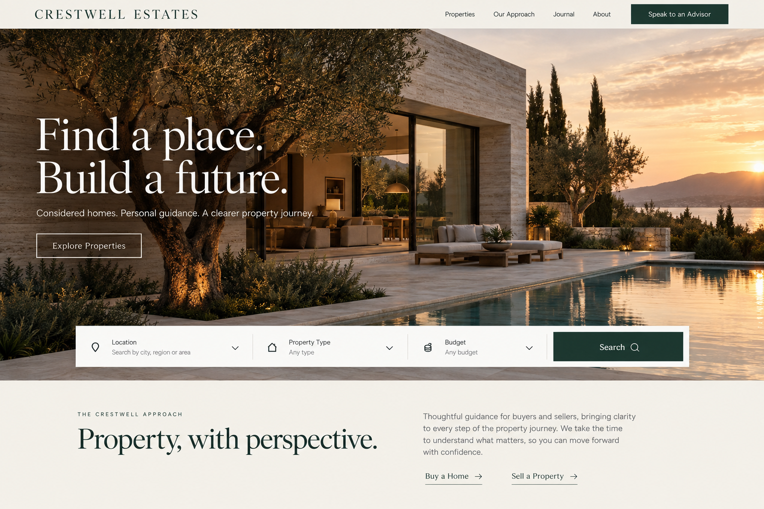 Crestwell Estates header, hero and introduction