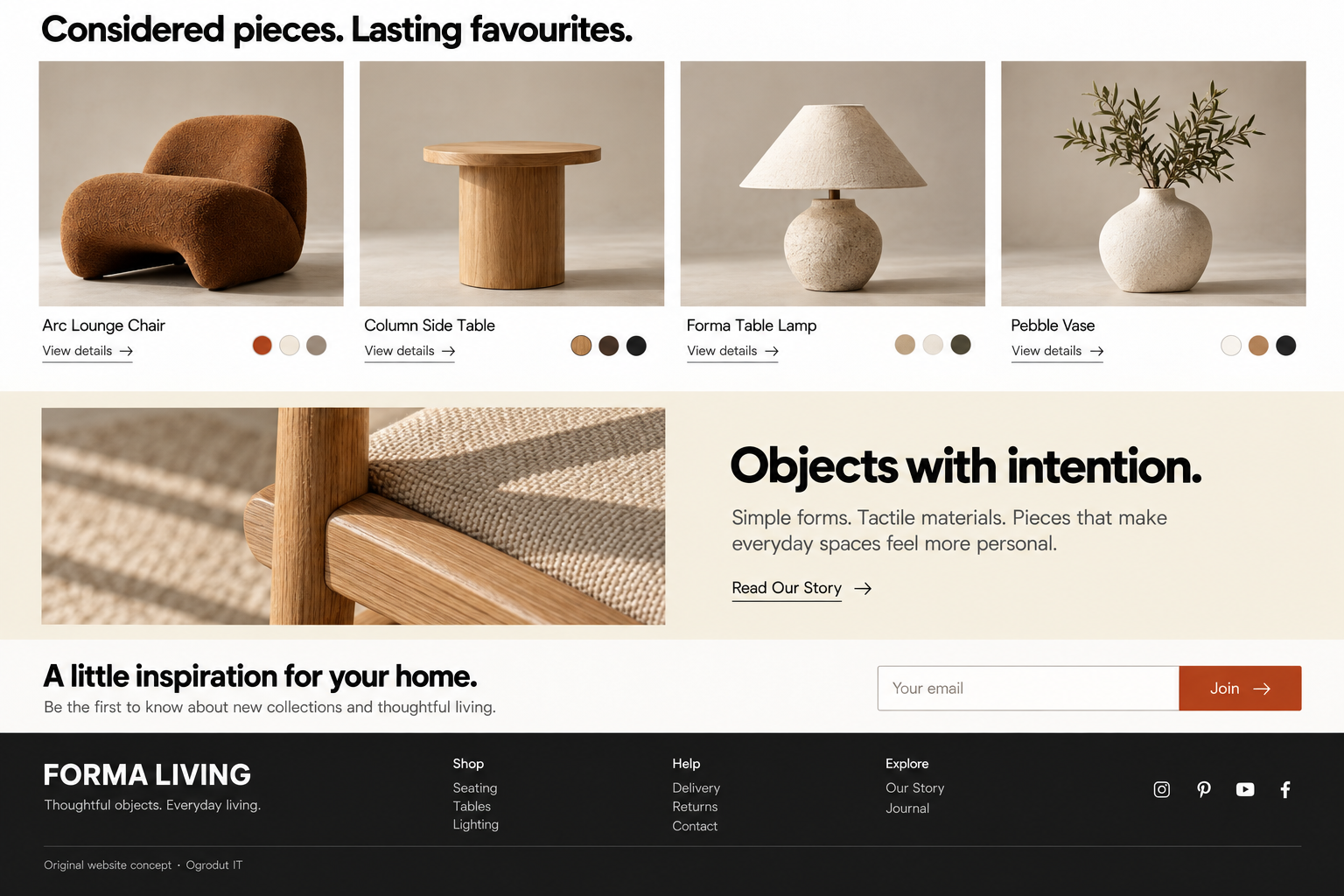 Forma Living collections, supporting sections and footer