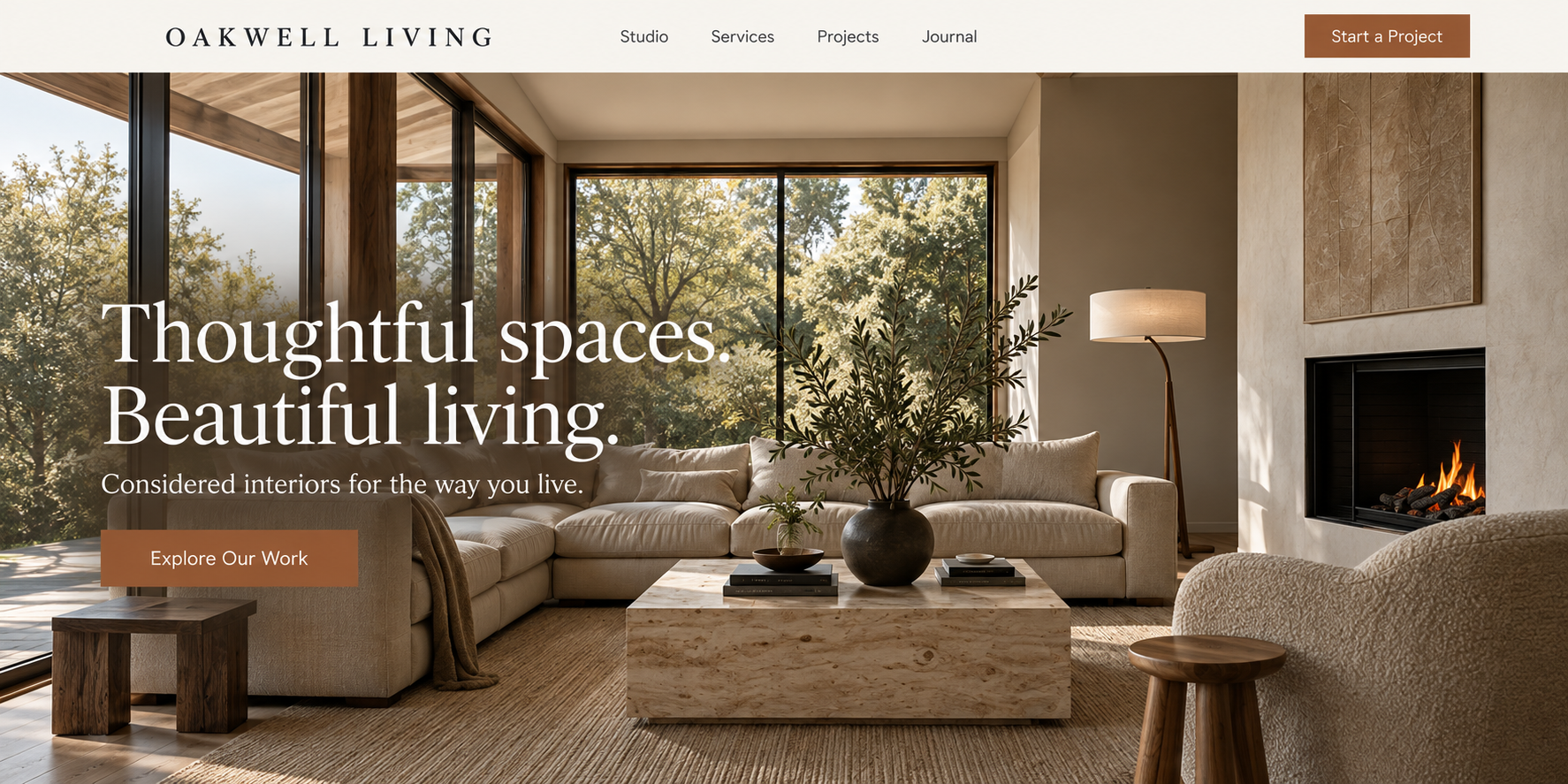 Oakwell Living navigation and living room hero
