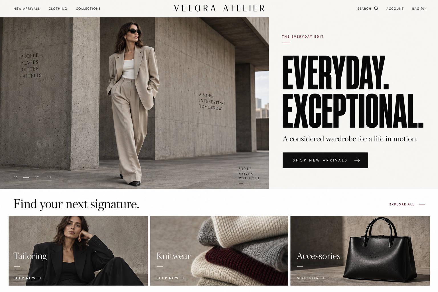 Velora Atelier header, hero and introduction