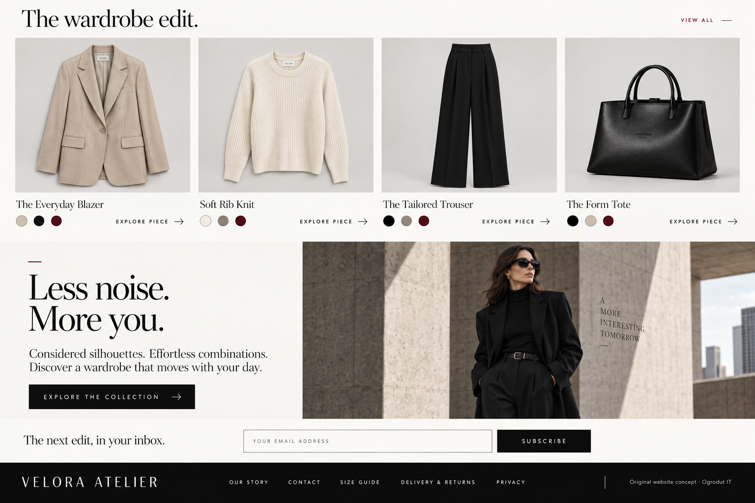 Velora Atelier collections, supporting sections and footer